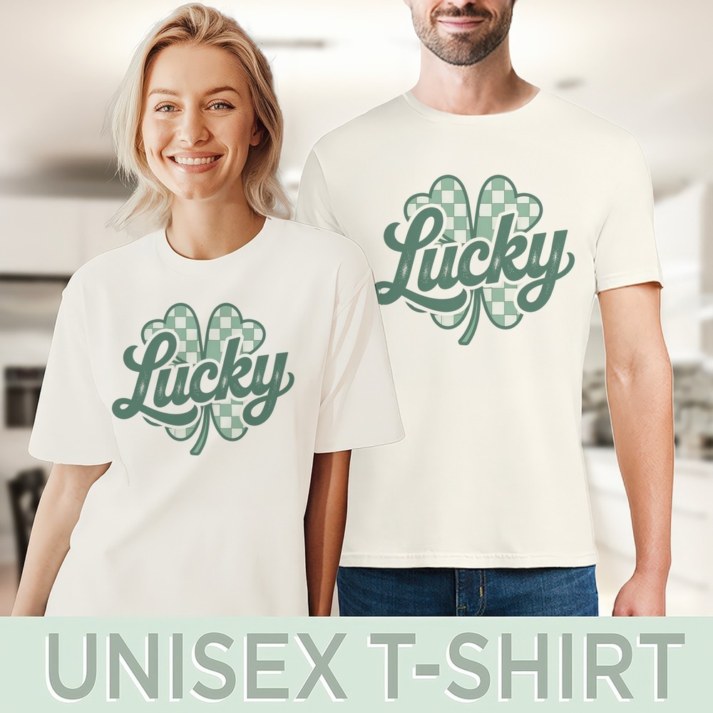 Lucky Clover Retro Graphic Tee with Checkered Leaf Design - Picture 4 of 6